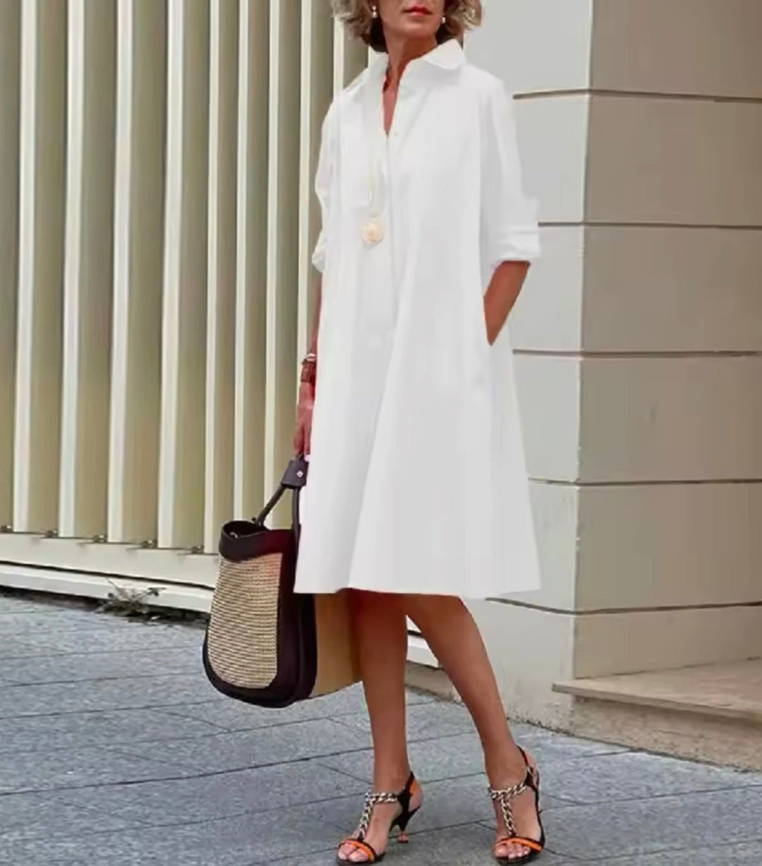Comfortable women's A-line button-down dress. Timeless collared shirtdress with versatile everyday style.