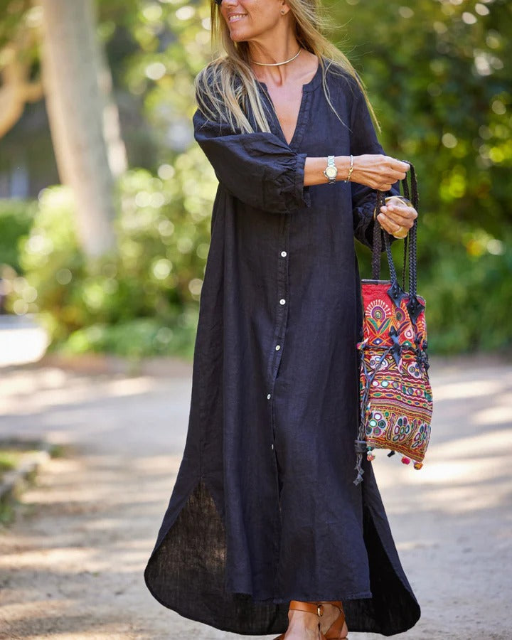 Effortless light summer midi dress for women, long sleeve, comfortable & versatile. White, black, grey, brown.
