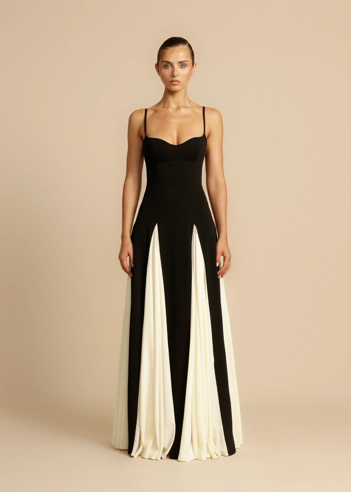 Stylish black and white women's long maxi dress. Elegant party wear and formal evening gown for chic special occasions.