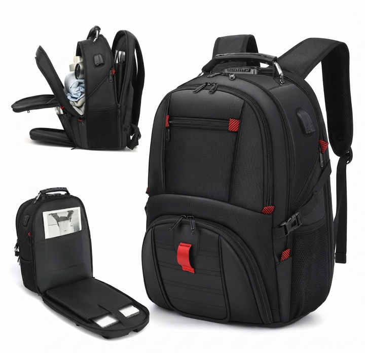 Unisex waterproof anti-theft laptop travel backpack with USB charging port, front view.