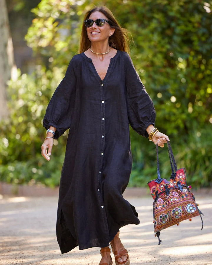 Brown women's midi summer dress, light & effortless with long sleeves. Comfortable, versatile tunic swing style.