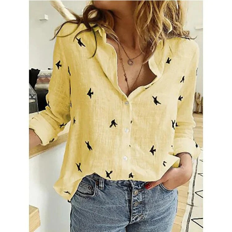 Solid color women's relaxed fit blouse, long sleeve for summer. Elegant casual wear.