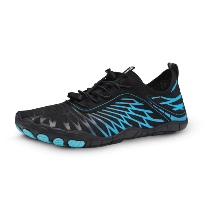 Black & blue unisex barefoot shoes, perfect for natural walking, flexibility, & all-day comfort in any activity.