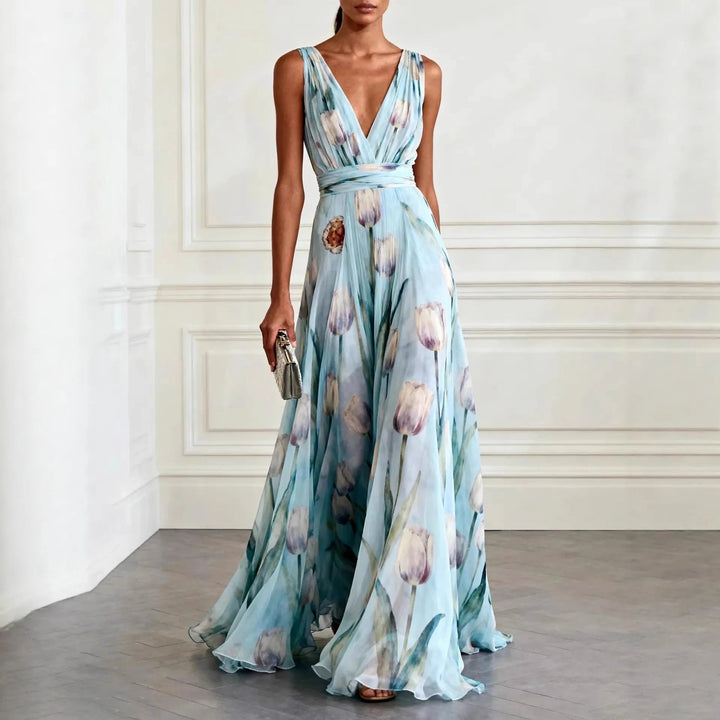 Elegant women's flowing maxi wrap dress with V-neck, perfect for special occasions & formal events.