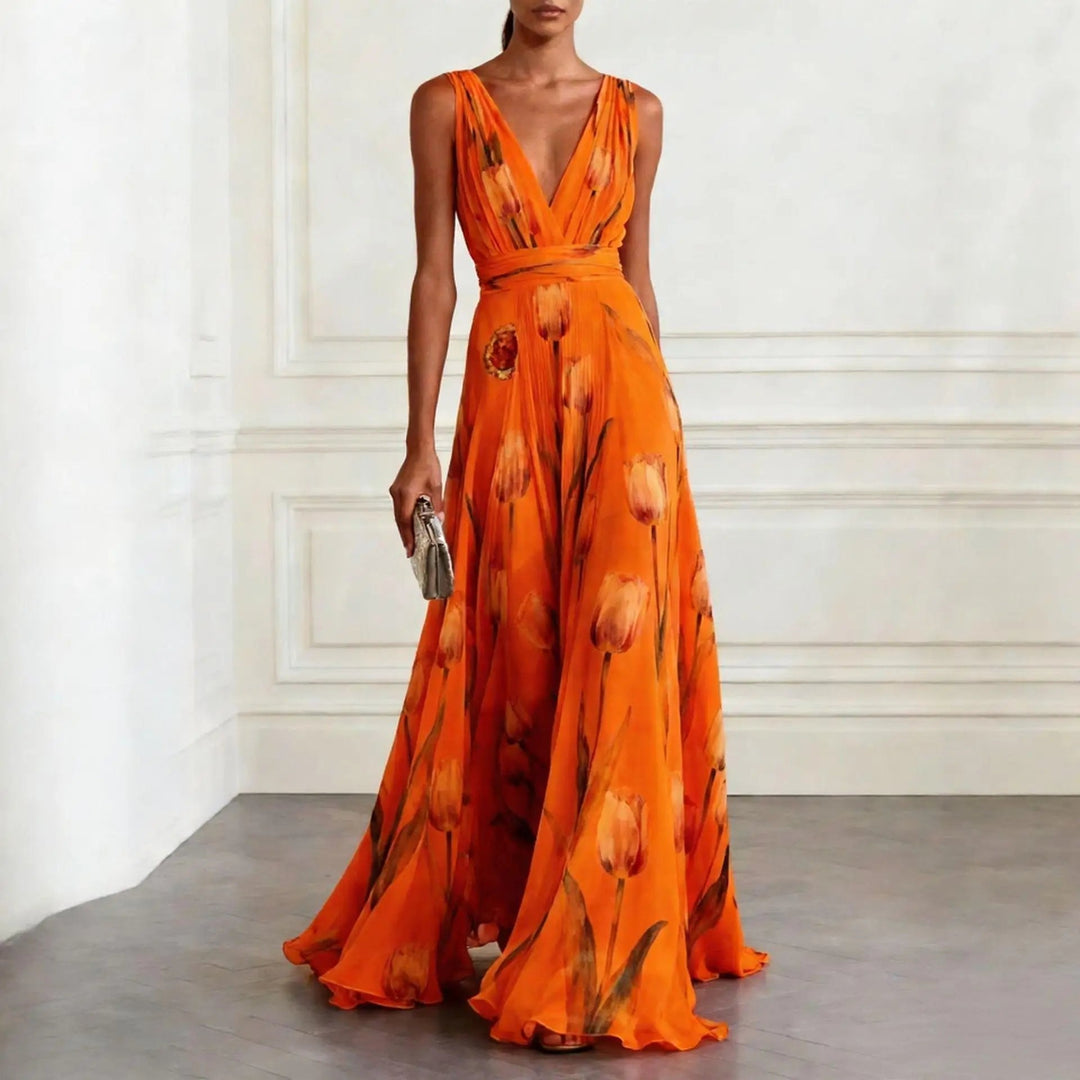 Luxurious women's elegant flowing maxi wrap dress. Perfect sleeveless V-neck evening gown for special events.