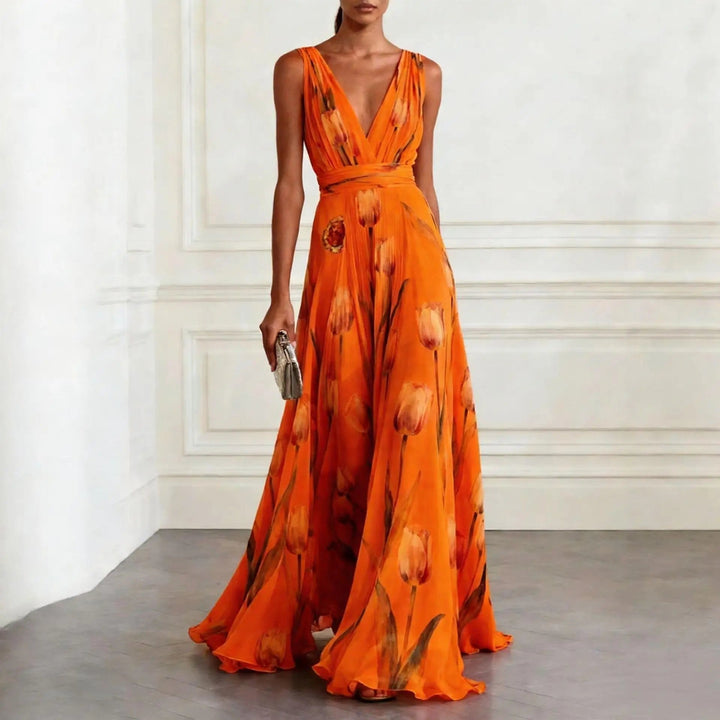 Luxurious women's elegant flowing maxi wrap dress. Perfect sleeveless V-neck evening gown for special events.