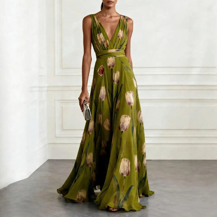 Beautiful women's floral maxi wrap dress with elegant flowing design & V-neck. Ideal for formal parties.