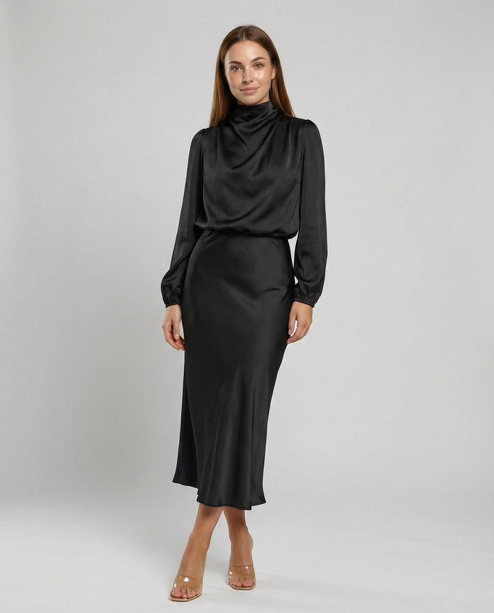 Elegant luminous long-sleeve women's midi dress for formal occasions, perfect as a sophisticated evening gown.