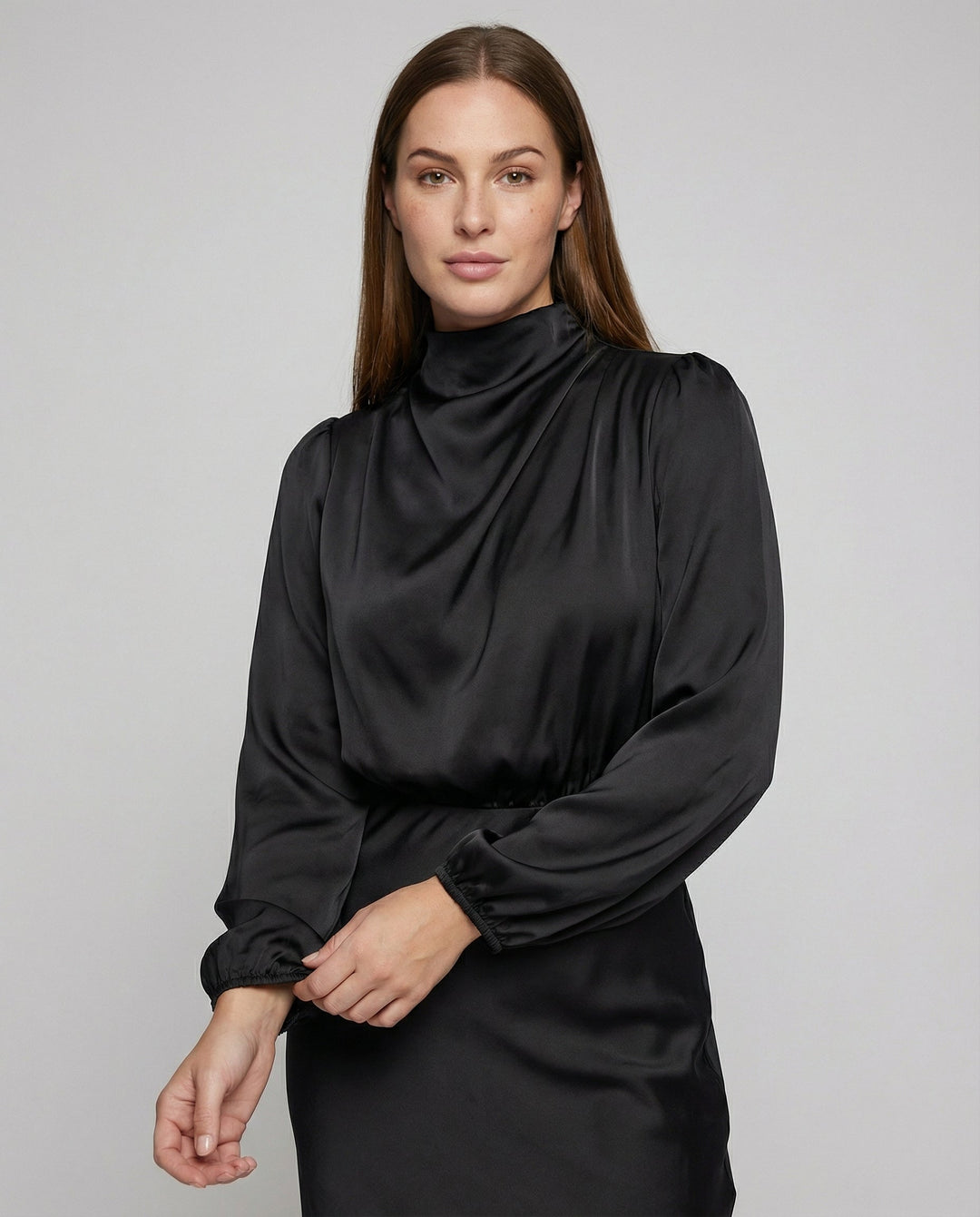 Flowy long-sleeve midi dress, women's elegant formal wear. Ideal for parties & gala events.