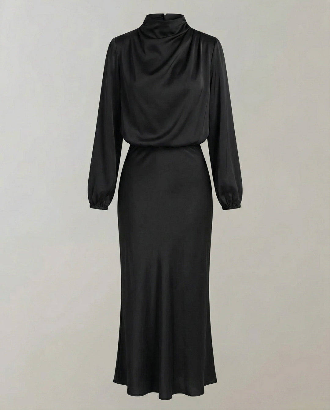 Sophisticated women's luminous long-sleeve midi dress, an elegant choice for evening & wedding guests.