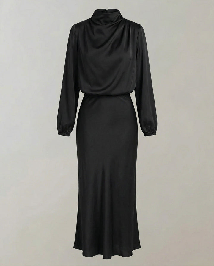 Sophisticated women's luminous long-sleeve midi dress, an elegant choice for evening & wedding guests.