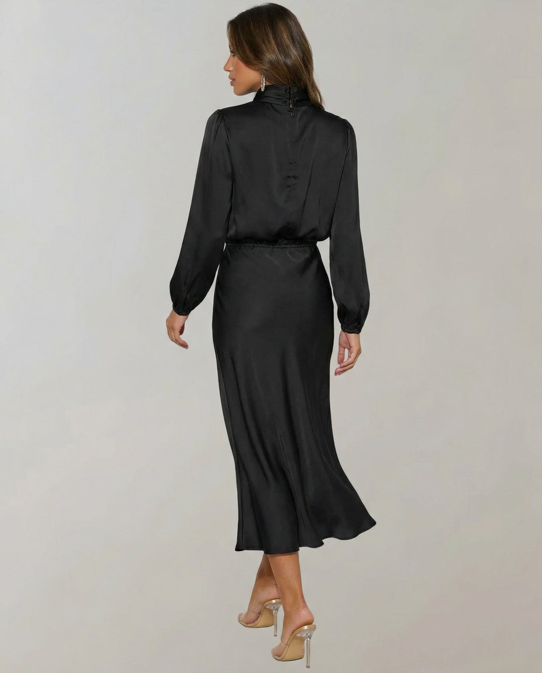 Women's elegant long-sleeve midi dress, luminous fabric, perfect for formal events and parties.