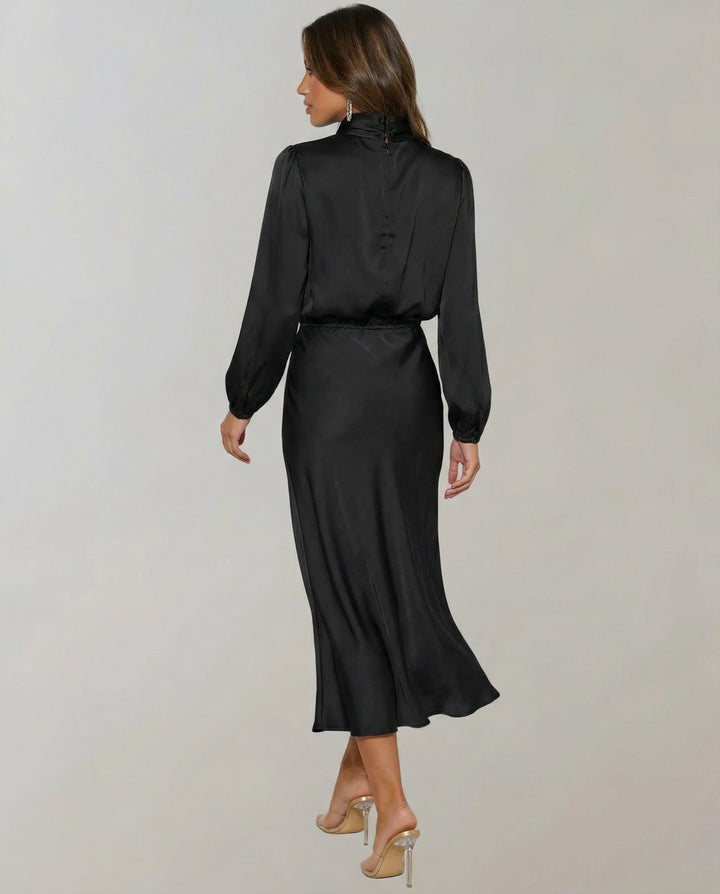 Women's elegant long-sleeve midi dress, luminous fabric, perfect for formal events and parties.