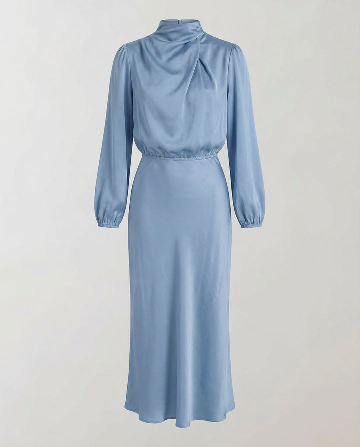 Luminous long-sleeve midi dress for women. Elegant formal wear, perfect party or wedding guest attire.
