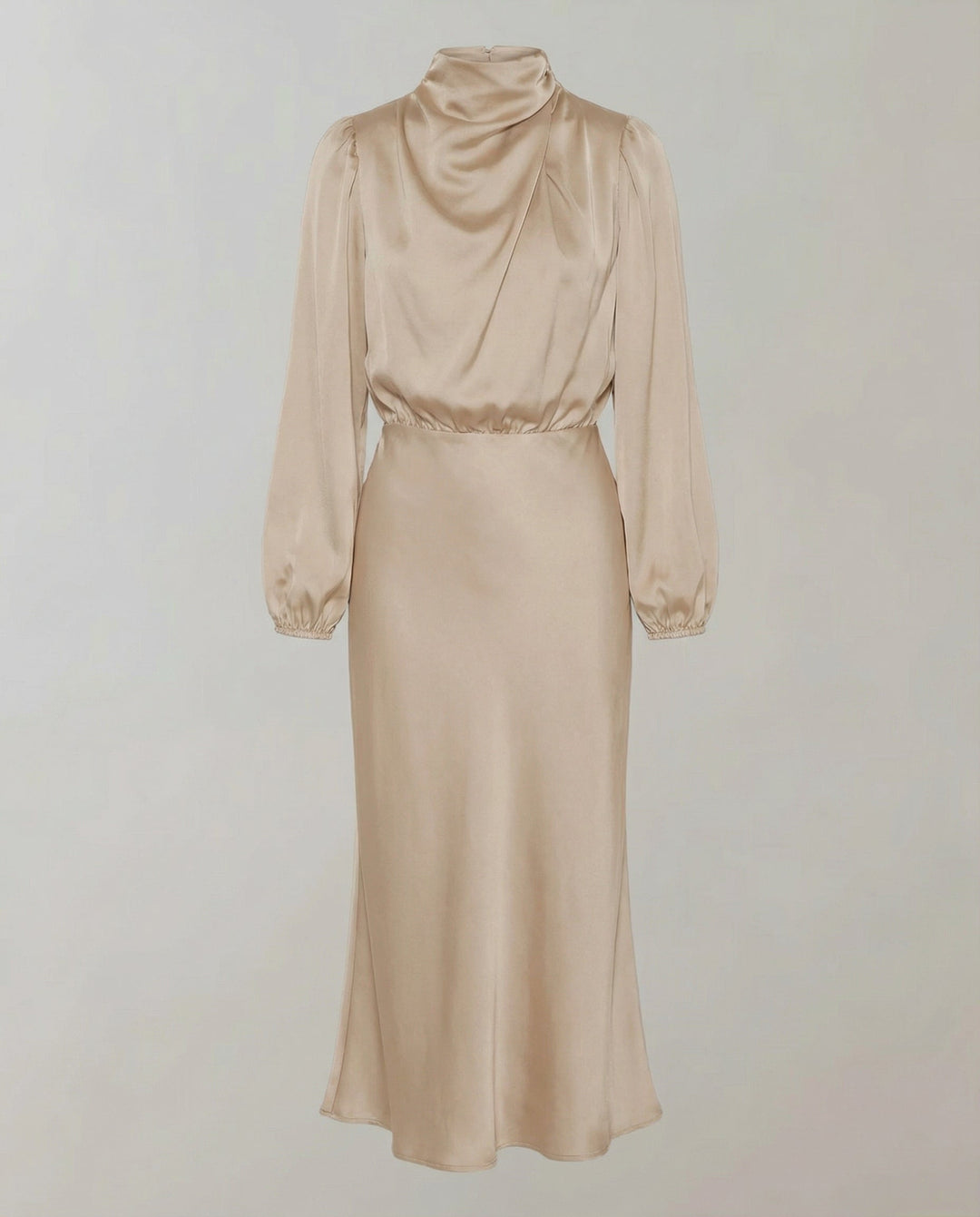 Elegant women's long-sleeve midi dress, flowy and luminous. Ideal for evening, gala, or formal party.
