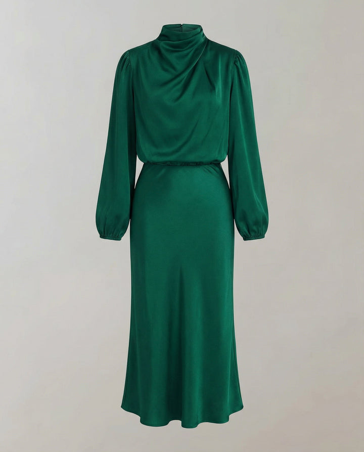 Sophisticated long-sleeve midi dress for women, an elegant luminous formal gown for any occasion.