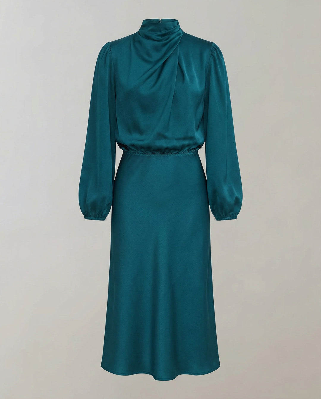 Flowy, elegant women's long-sleeve midi dress. Luminous fabric perfect for evening, gala, or wedding guest.
