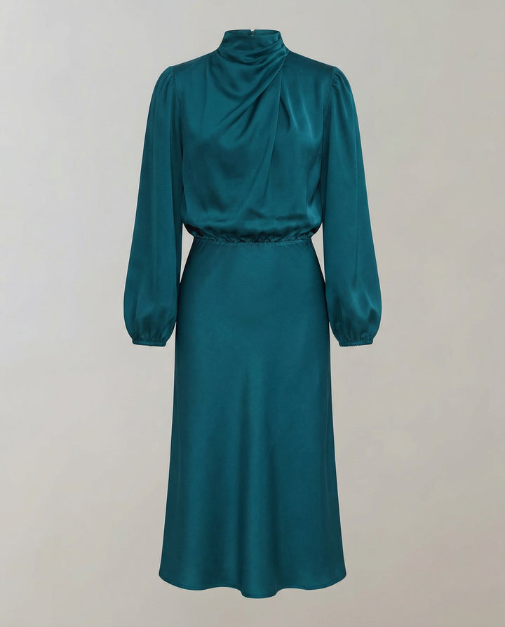 Flowy, elegant women's long-sleeve midi dress. Luminous fabric perfect for evening, gala, or wedding guest.