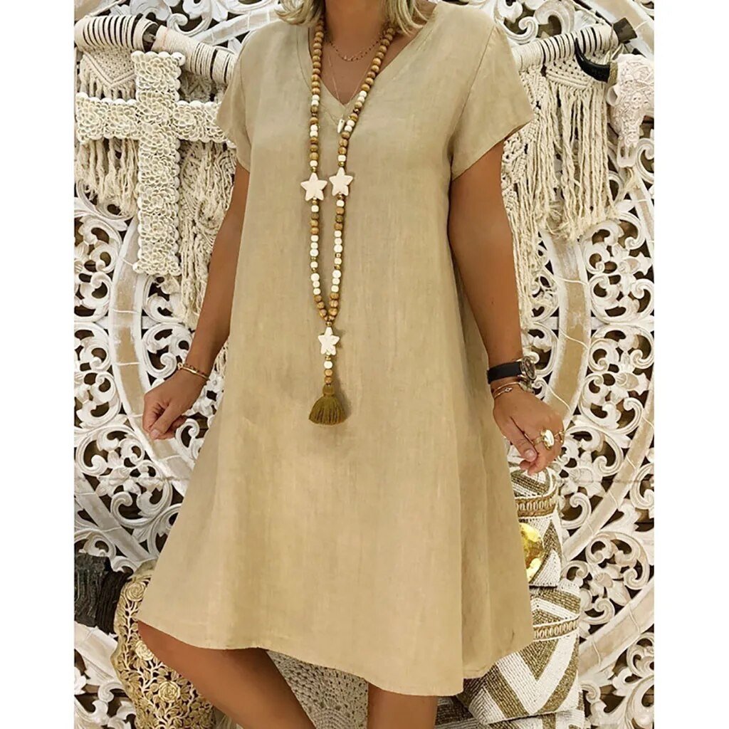 Elegant women's V-neck A-line mini dress with short sleeves, perfect for summer casual wear.