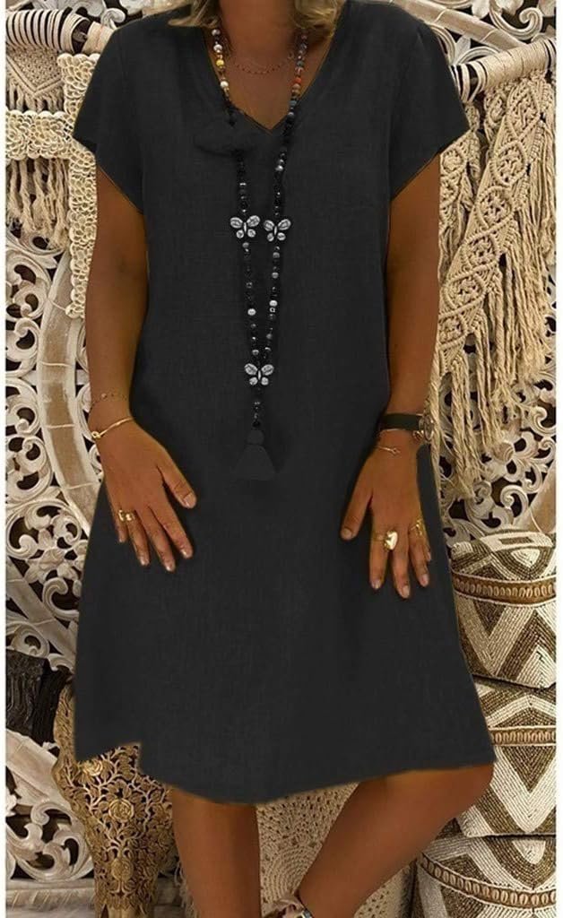 Versatile women's short sleeve V-neck mini dress, A-line cut ideal for spring and everyday fashion.
