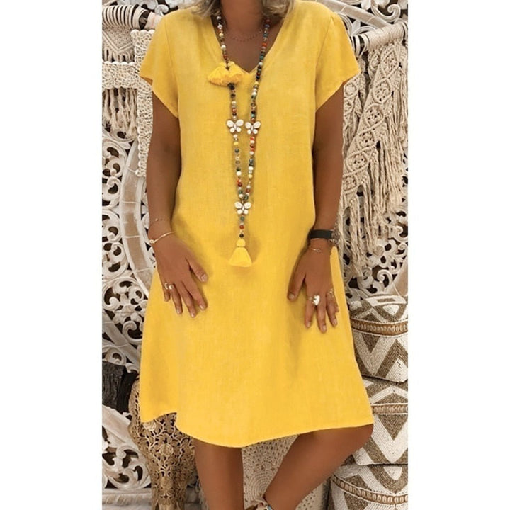 Chic women's V-neck A-line mini dress, short sleeve design offering a flattering fit for any occasion.