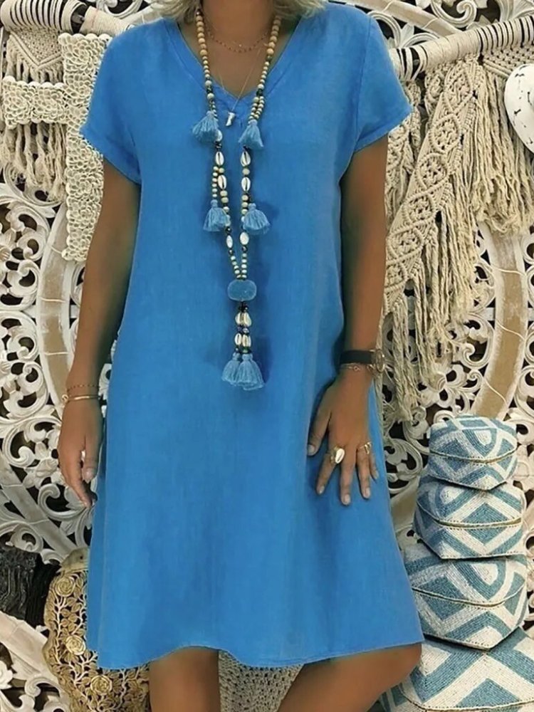 Summer-ready women's casual mini dress, A-line shape with a flattering V-neck and short sleeves.