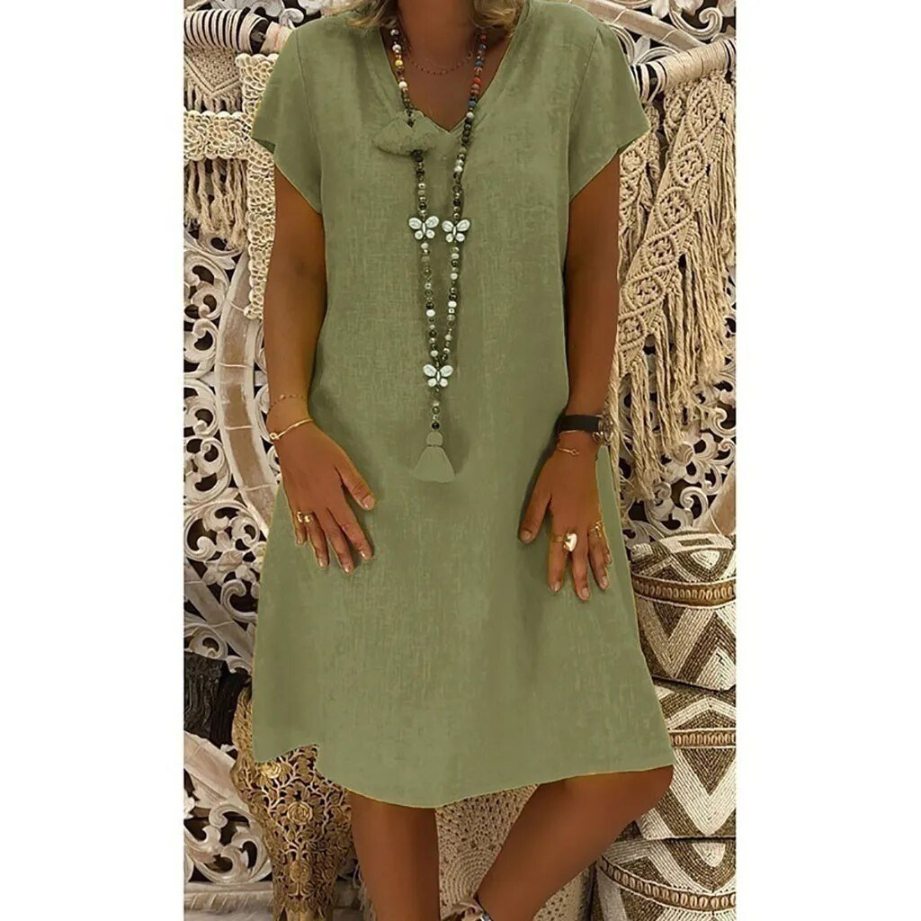 Stylish women's A-line mini dress with V-neckline and short sleeves, great for spring everyday wear.
