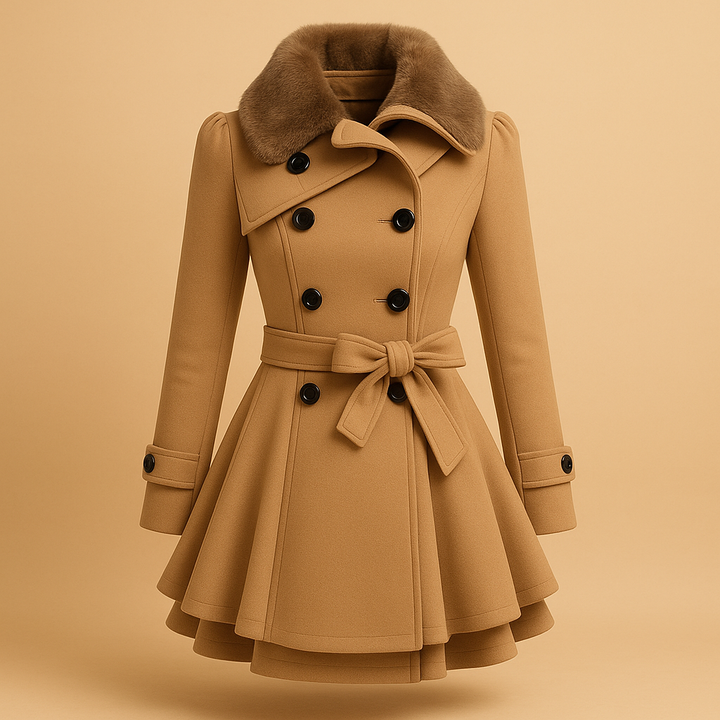 Elegant women's long winter coat with a luxurious faux fur collar, perfect for sophisticated cold weather fashion.