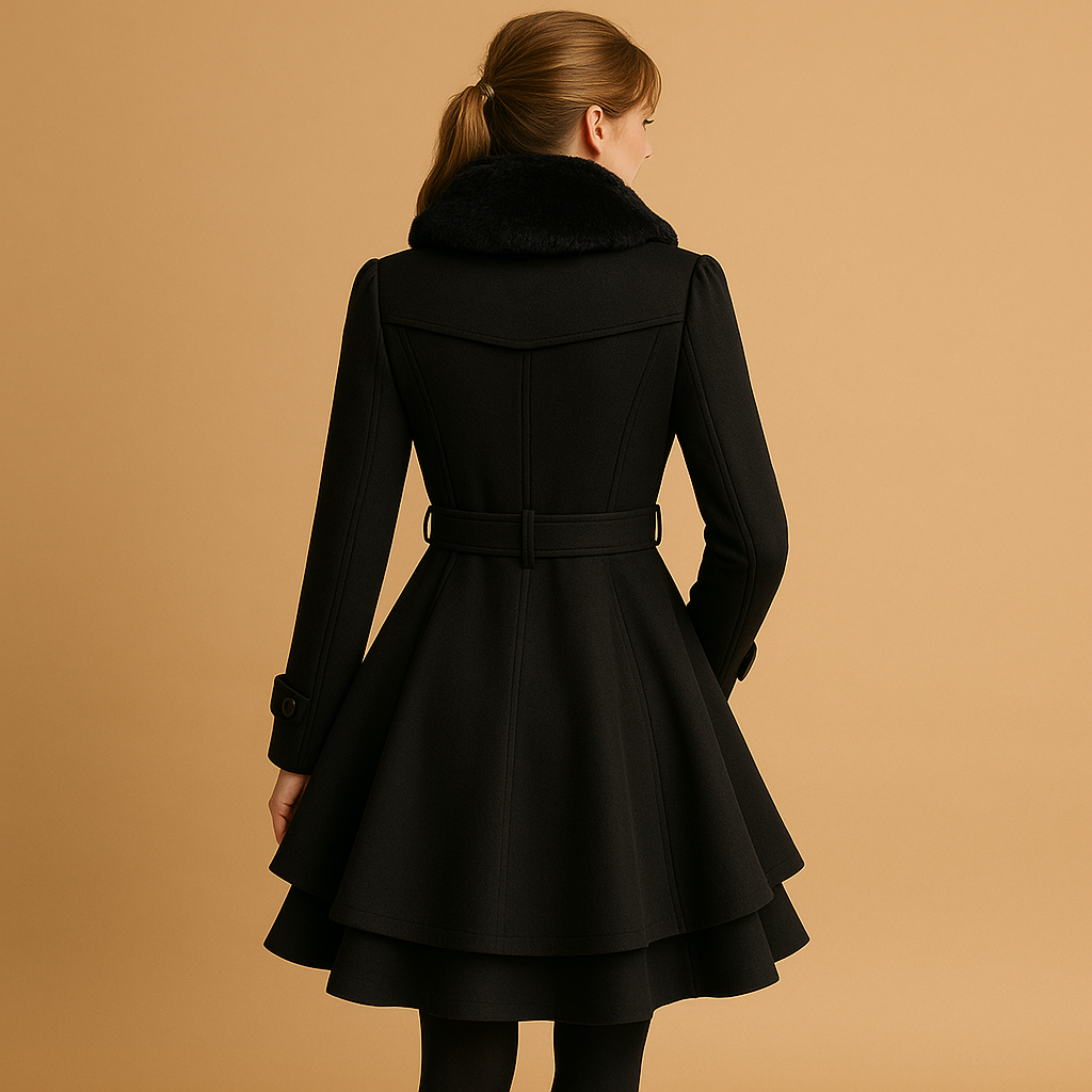 Timeless women's long winter coat showcasing a plush faux fur collar, adding elegance to any cold weather ensemble.