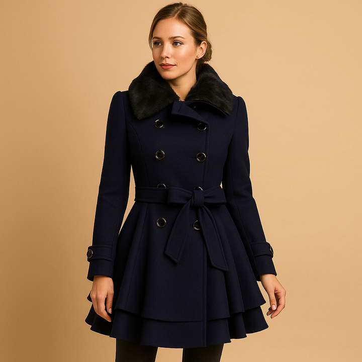 Sophisticated women's long winter coat with a streamlined fit and elegant faux fur collar for polished cold weather style.