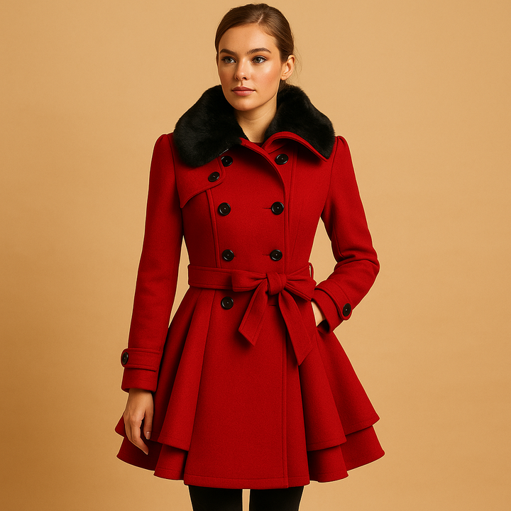 Luxurious women's long winter coat with a soft faux fur collar, an elegant outerwear choice for chilly days.