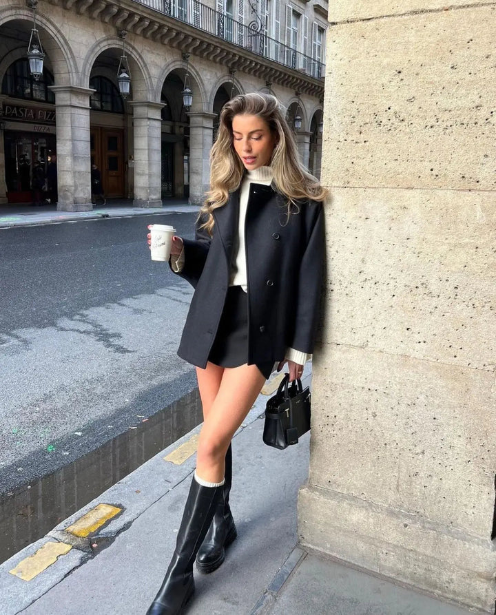 Elegant women's short coat jacket, essential fall fashion outerwear for a chic winter style.