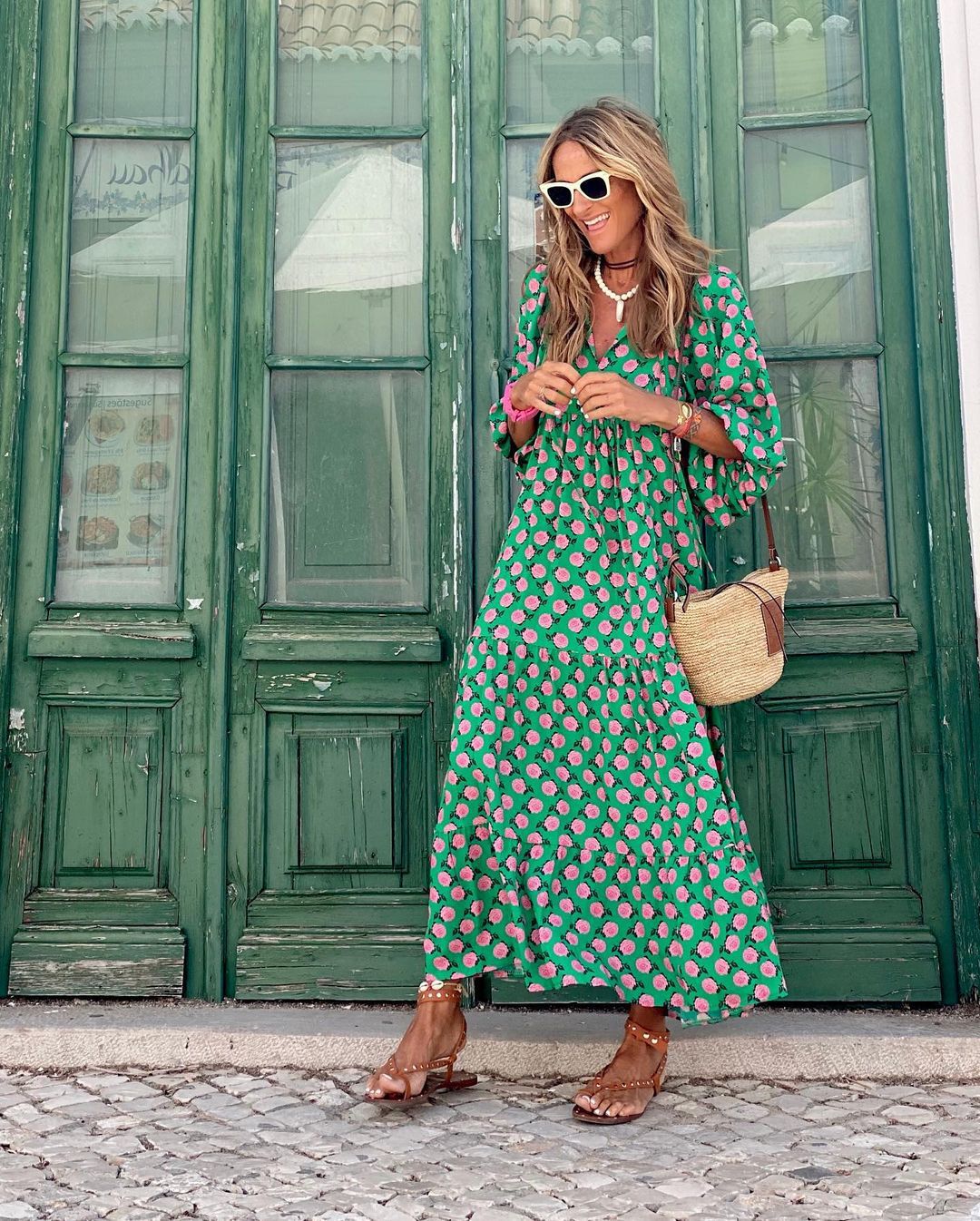 Women's bohemian maxi dress, vibrant patterns, flowy summer style.