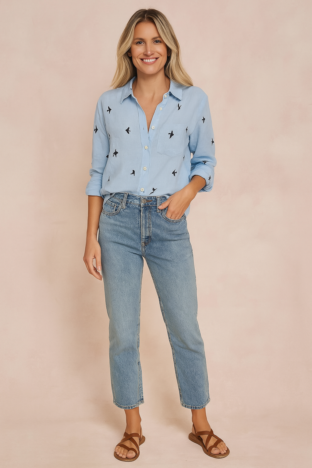 Classic women's button-up blouse for everyday casual wear. Long sleeve versatile top in a timeless style.