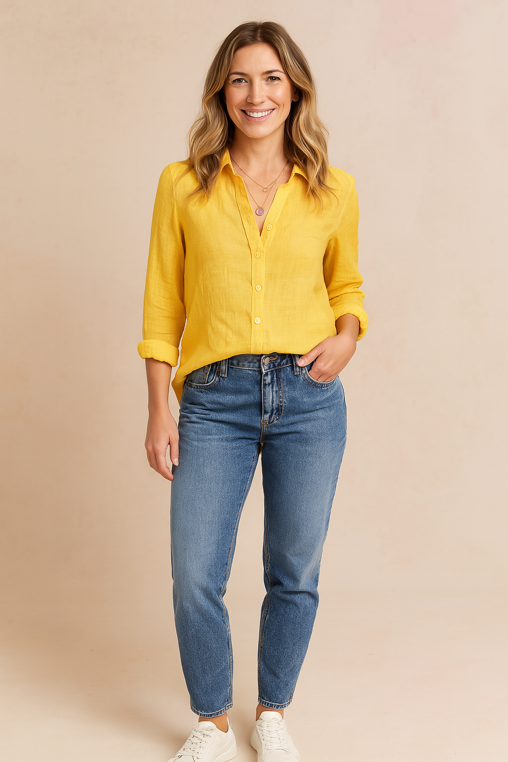 Timeless women's blouse: classic button-up long sleeve shirt. Ideal casual top for everyday fashion wear.