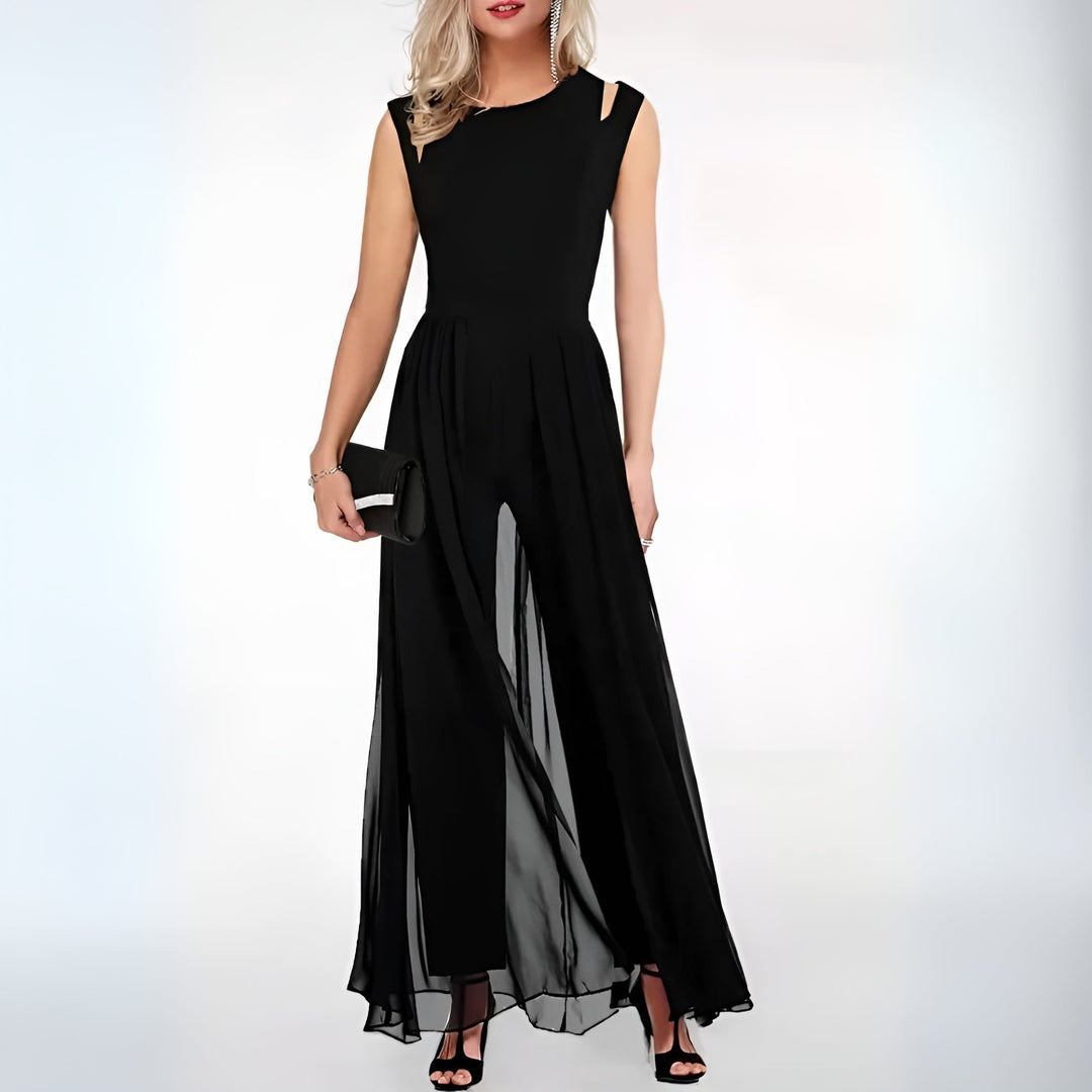 Elegant women's sleeveless flared jumpsuit, perfect for party wear & evening occasions. Stylish & flattering fashion.