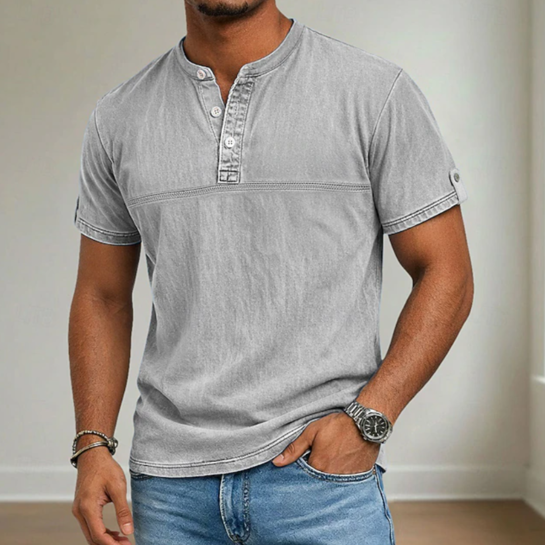 Modern men's casual short sleeve shirt with a stand collar, offering a stylish and comfortable summer look.