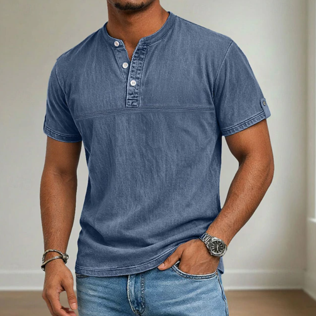 Man wearing a stylish short sleeve casual shirt with a modern stand collar, perfect for summer outings.