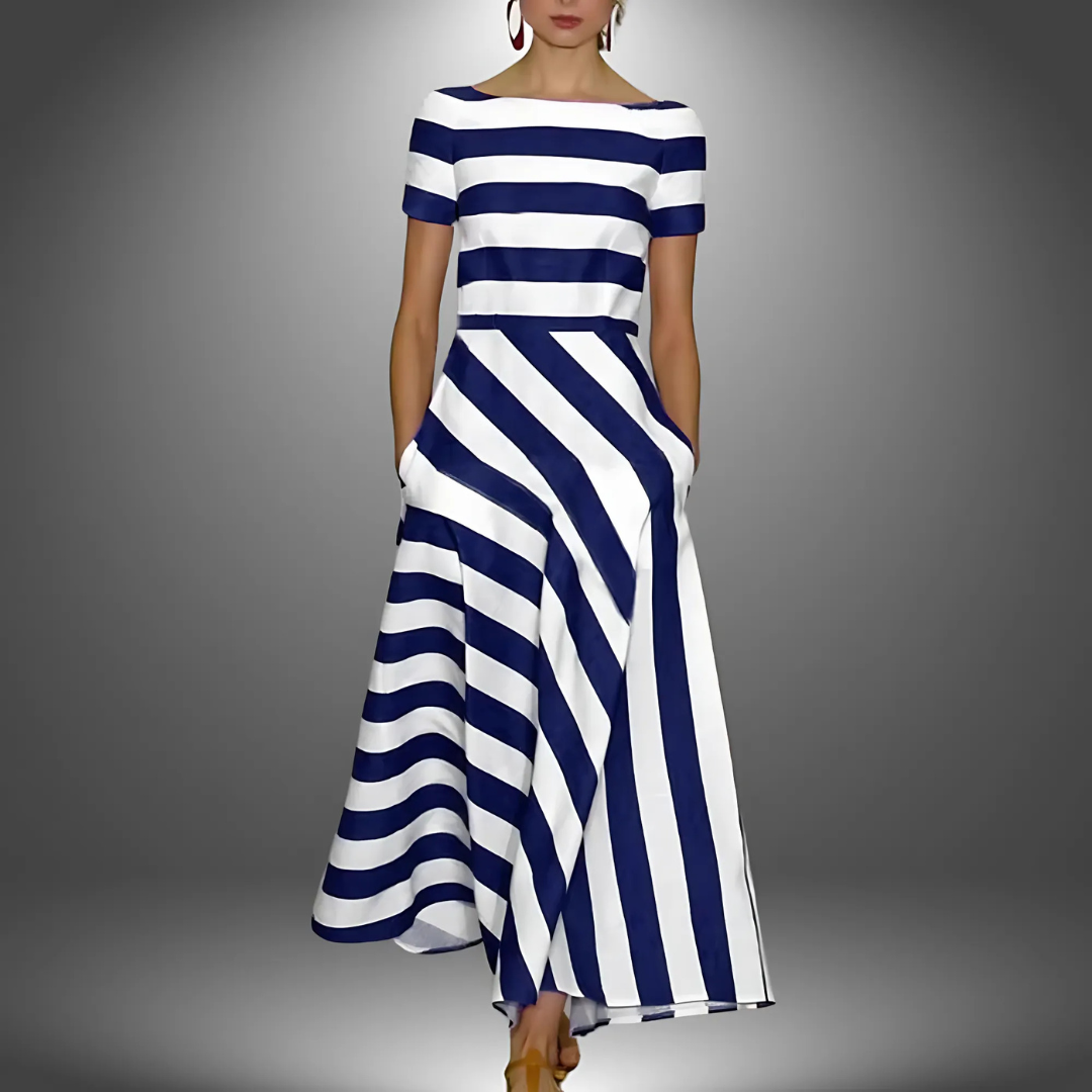 Stylish women's striped long summer dress. Ideal vacation or casual wear, offering effortless elegance and comfort.