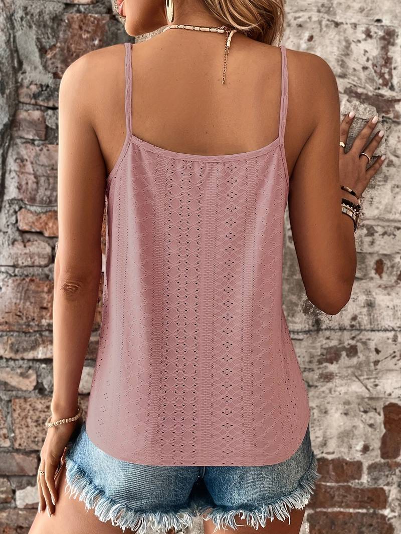Detailed embroidered V-neck camisole top, elegant sleeveless design for women's summer fashion.