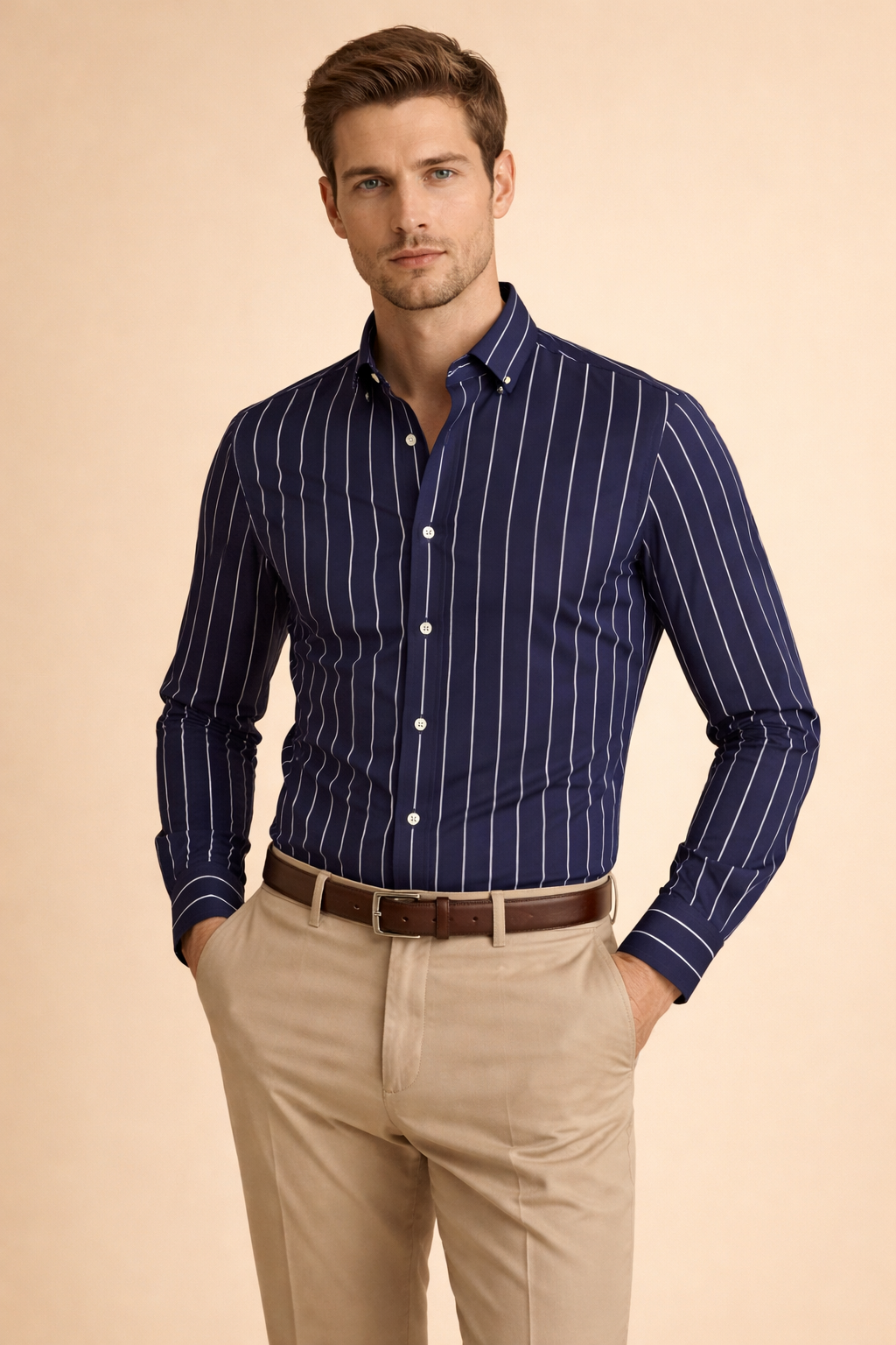 Premium men's button-front shirt, long sleeve, featuring a stylish vertical stripe pattern. Tailored fit.
