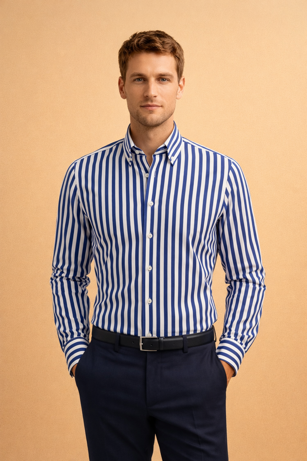Smart casual men's top, tailored fit, with a contemporary vertical stripe design. Versatile and elegant.