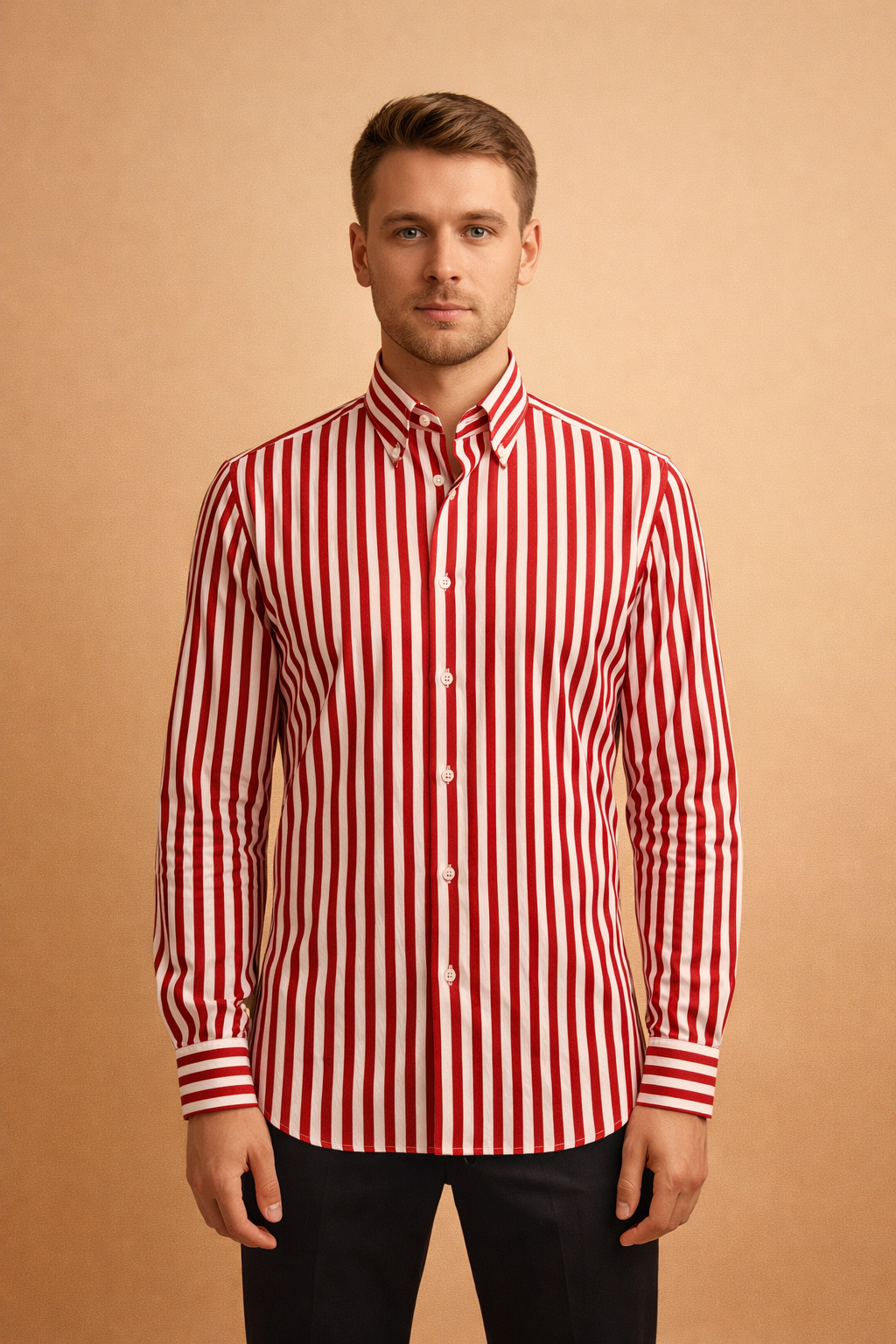 Modern men's fitted long sleeve shirt with subtle vertical stripes. Comfortable tailored fashion top.