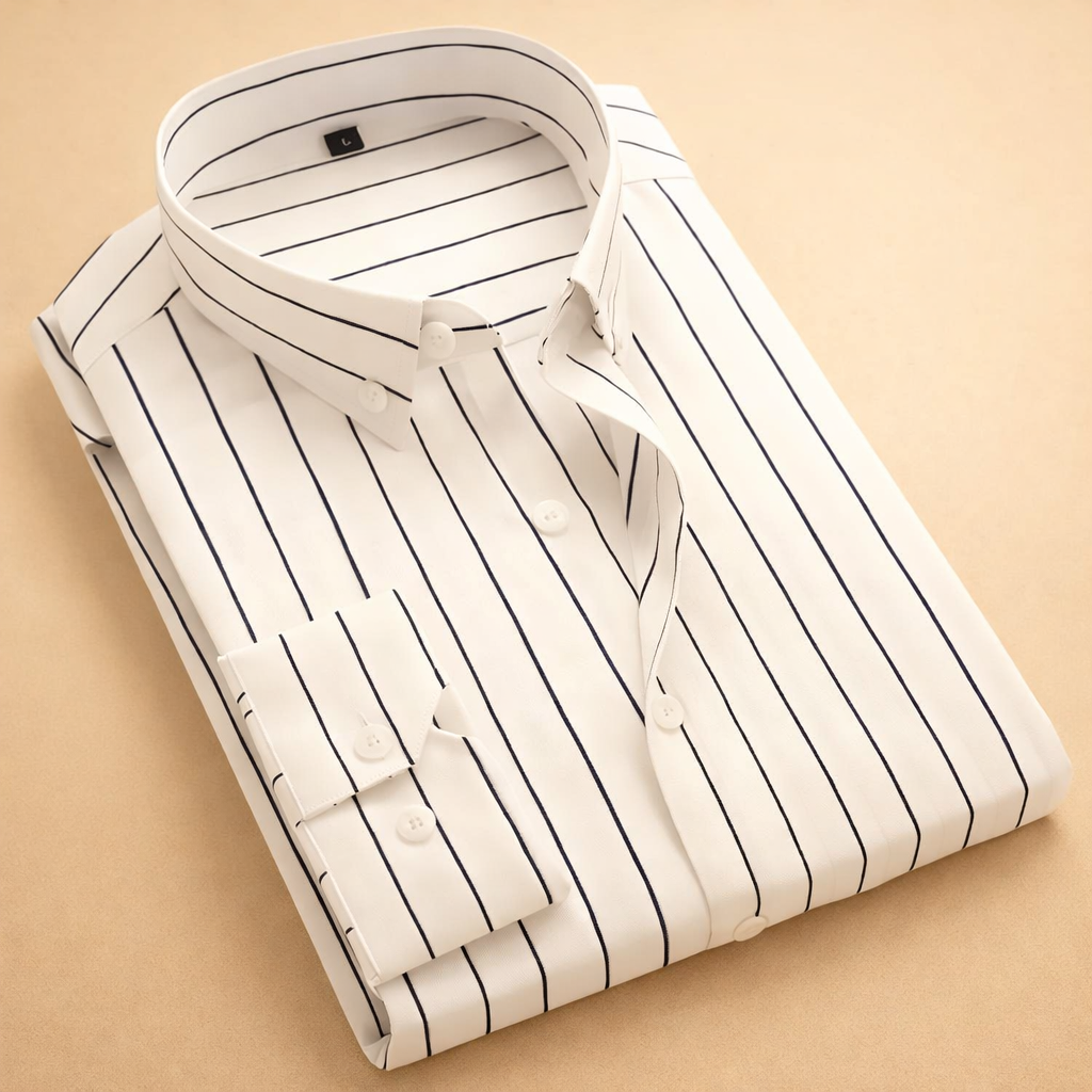 Close-up of men's vertical stripe shirt fabric, showing tailored fit and quality modern design.
