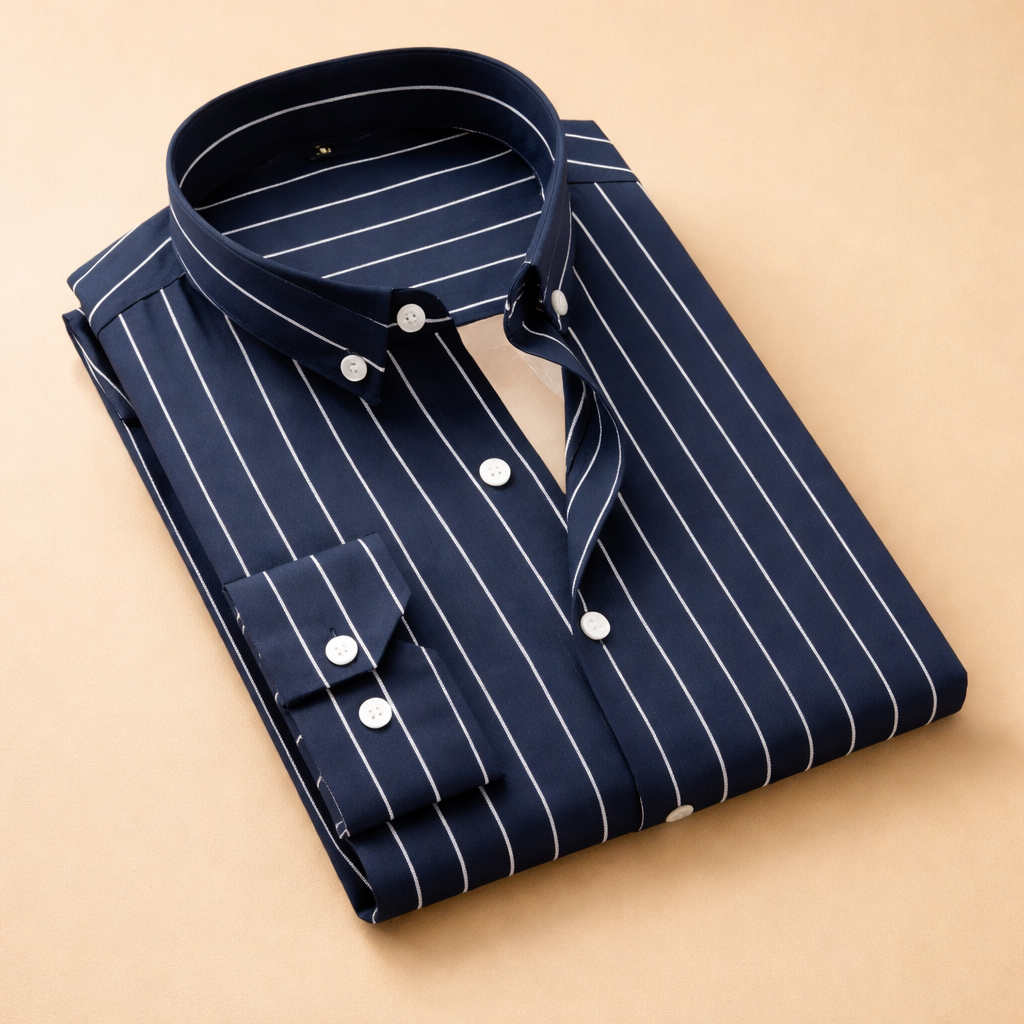 Elegant men's tailored long sleeve shirt with crisp vertical stripes, offering a premium and modern look.