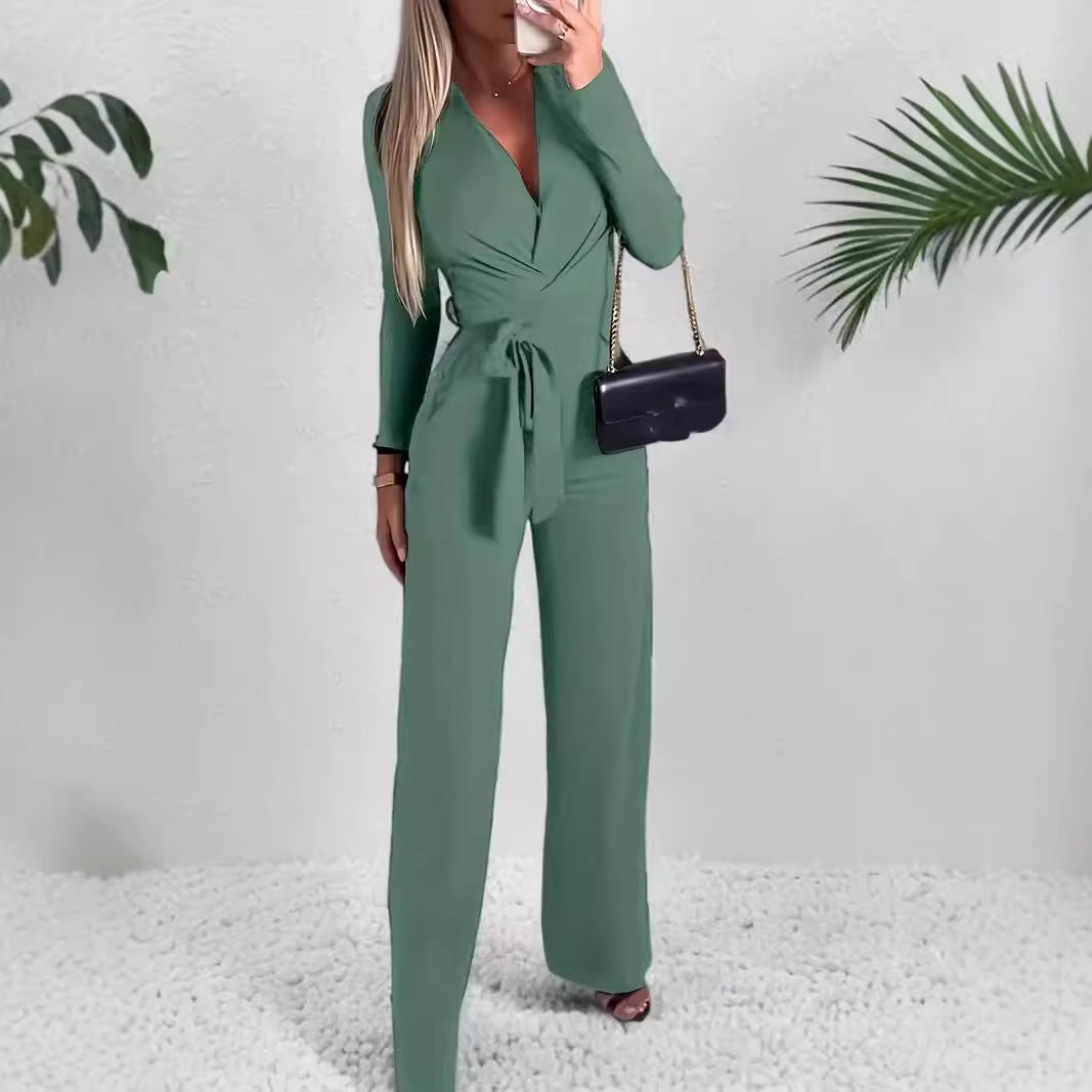 Women's Wrap V-Neck Belted Wide Leg Jumpsuit