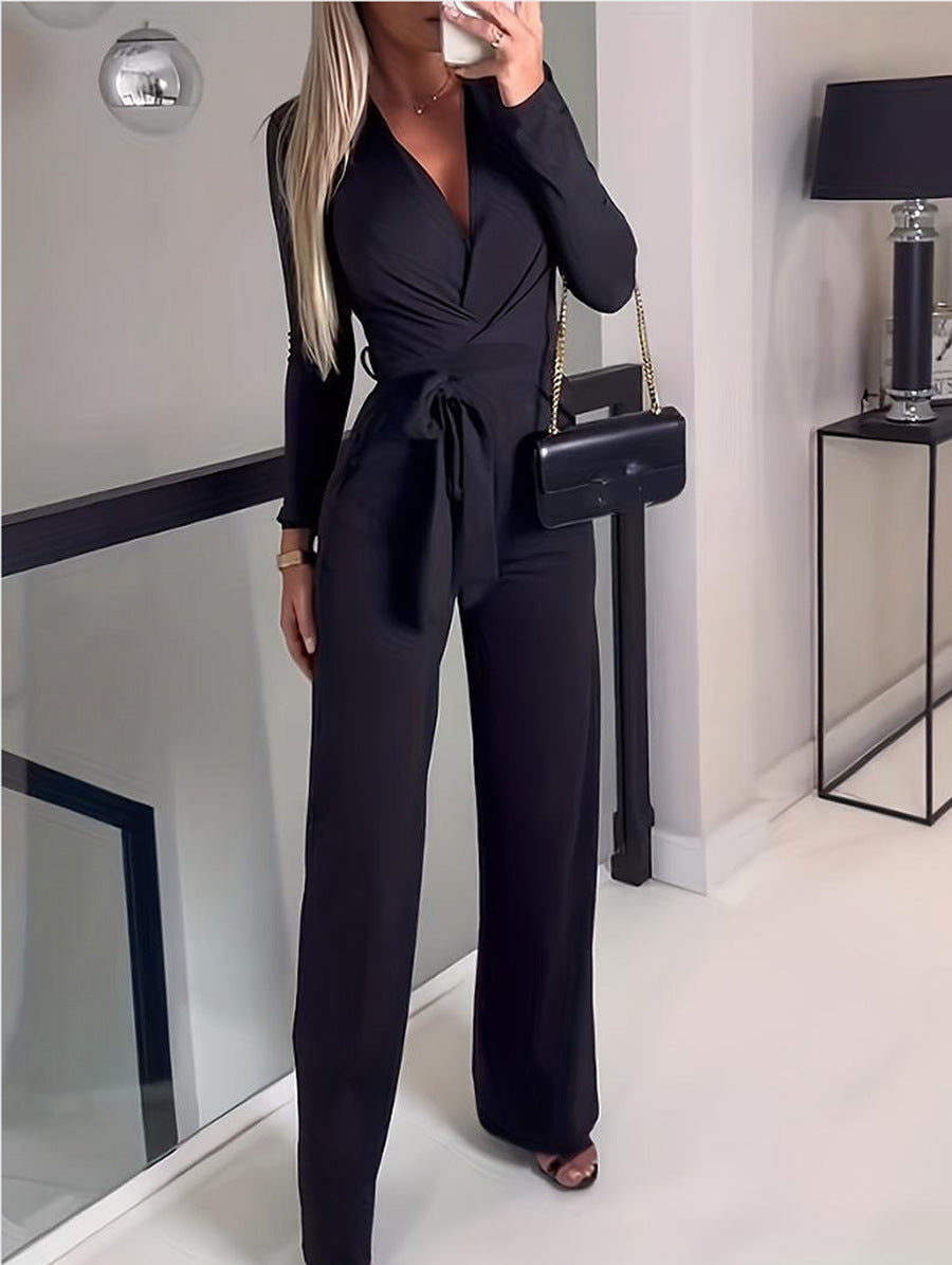 Women's Wrap V-Neck Belted Wide Leg Jumpsuit