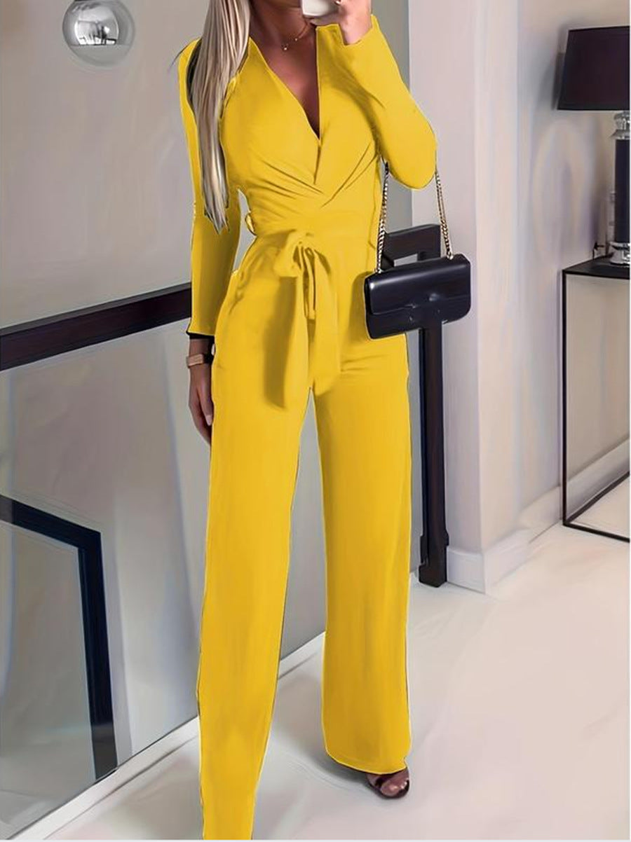 Women's Wrap V-Neck Belted Wide Leg Jumpsuit