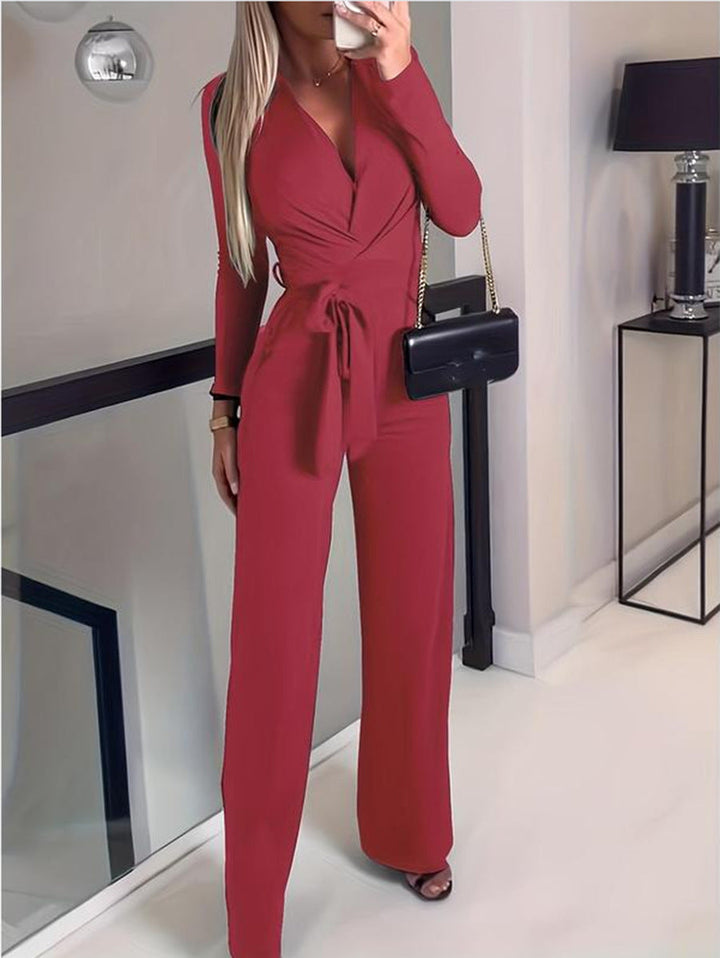 Women's Wrap V-Neck Belted Wide Leg Jumpsuit