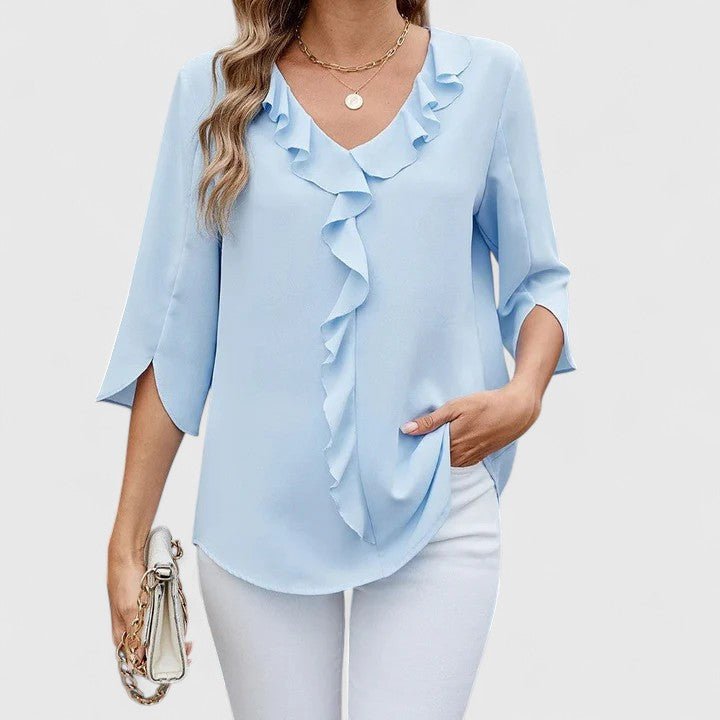 Stylish ladies' elegant ruffle V-neck blouse, perfect for office wear or casual occasions.
